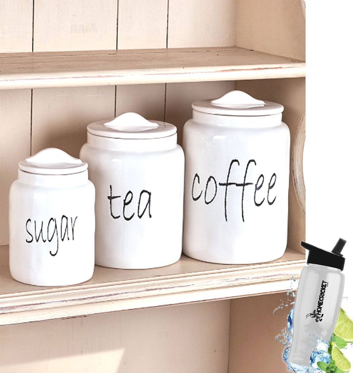 Related gift included white farmhouse kitchen countertop sugar tea coffee canister set free bonus water bottle by home cricket homecricket