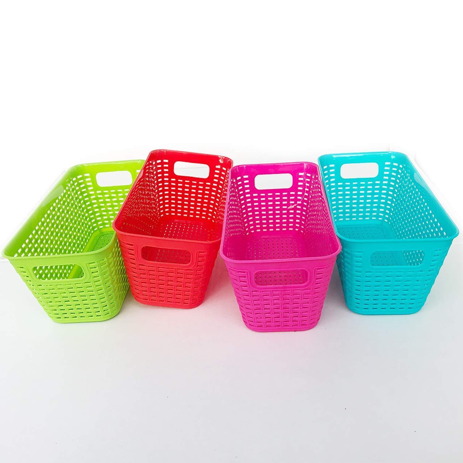 Top rated plastic baskets pantry organization and storage kitchen cabinet spice rack organizer for food shelf small colorful rectangle tray organizing for desks drawers weave deep closets art lockers set of 4