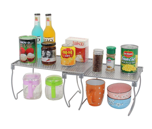 2 Pack Expandable Kitchen Shelf Organizer - Made of Sturdy Punching Net - Silver