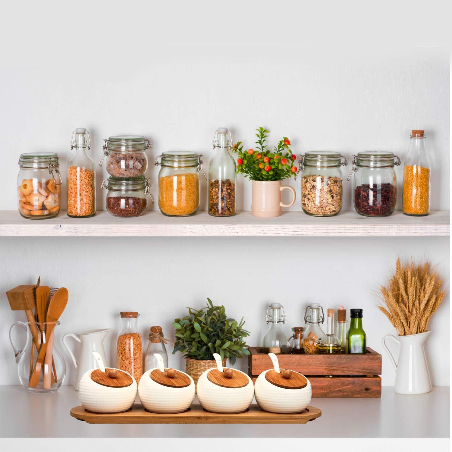 Great ruckae ceramic condiment jar spice container with bamboo lid porcelain spoon wooden tray set of 4 white 170ml5 8 oz perfect spice storage for home kitchen counter