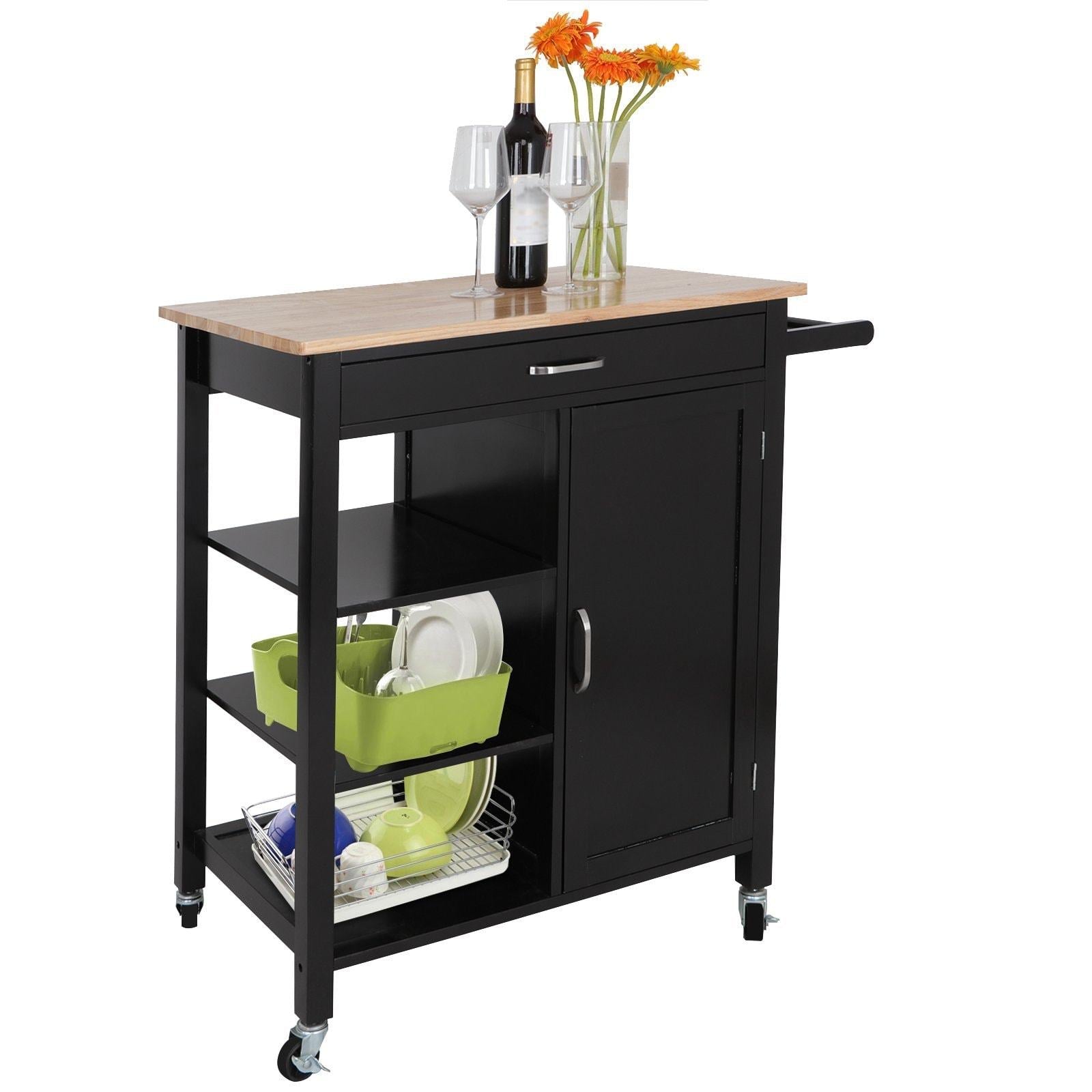 Great zenstyle 4 tier rolling kitchen island utility wood trolley serving cart kitchen storage cart w towel rack rubberwood butcher block countertop cabinet drawer shelves