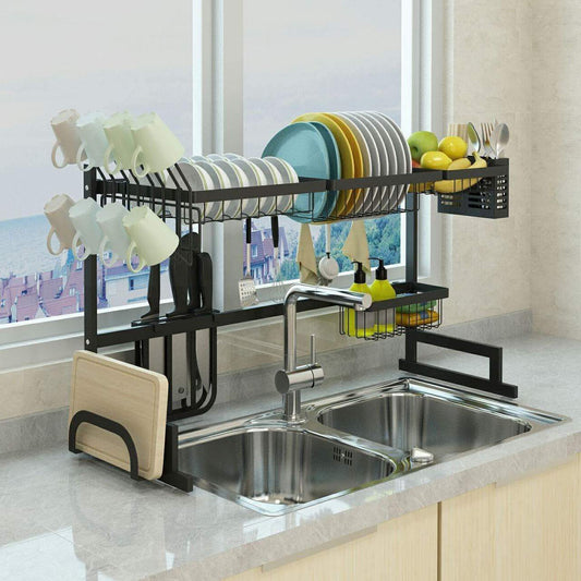 Top dish drying rack over sink display stand drainer stainless steel kitchen supplies storage shelf utensils holder kitchen supplies storage rack 85cm black