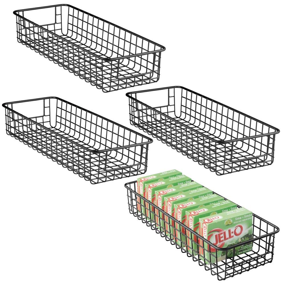 mDesign Household Wire Drawer Organizer Tray, Storage Organizer Bin Basket, Built-In Handles - for Kitchen Cabinets, Drawers, Pantry, Closet, Bedroom, Bathroom - 16" x 6" x 3" - 4 Pack - Matte Black