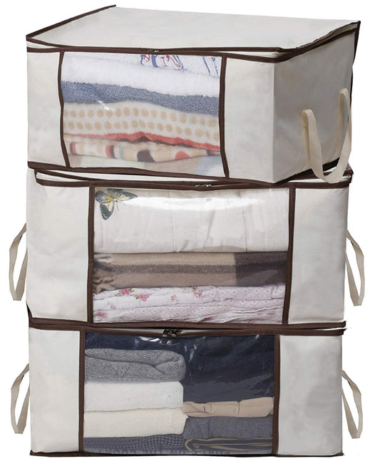 MISSLO Thick Oxford Clothing Organizer Storage Bags for Clothes, Blanket, Comforter, Closet, 3 Piece Set (Beige)