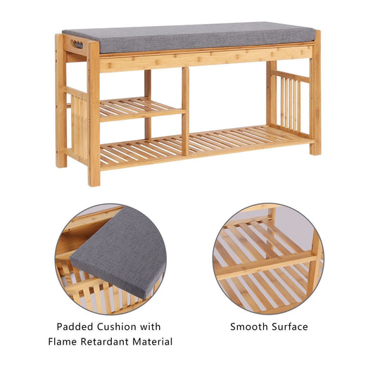 Kinbor Bamboo Shoe Rack Bench Wood Shoe Organizer,Padded Seat Storage Shoe Shelf Organizing for Bedroom Bathroom Living Room Patio Entryway Hallway and Foyer