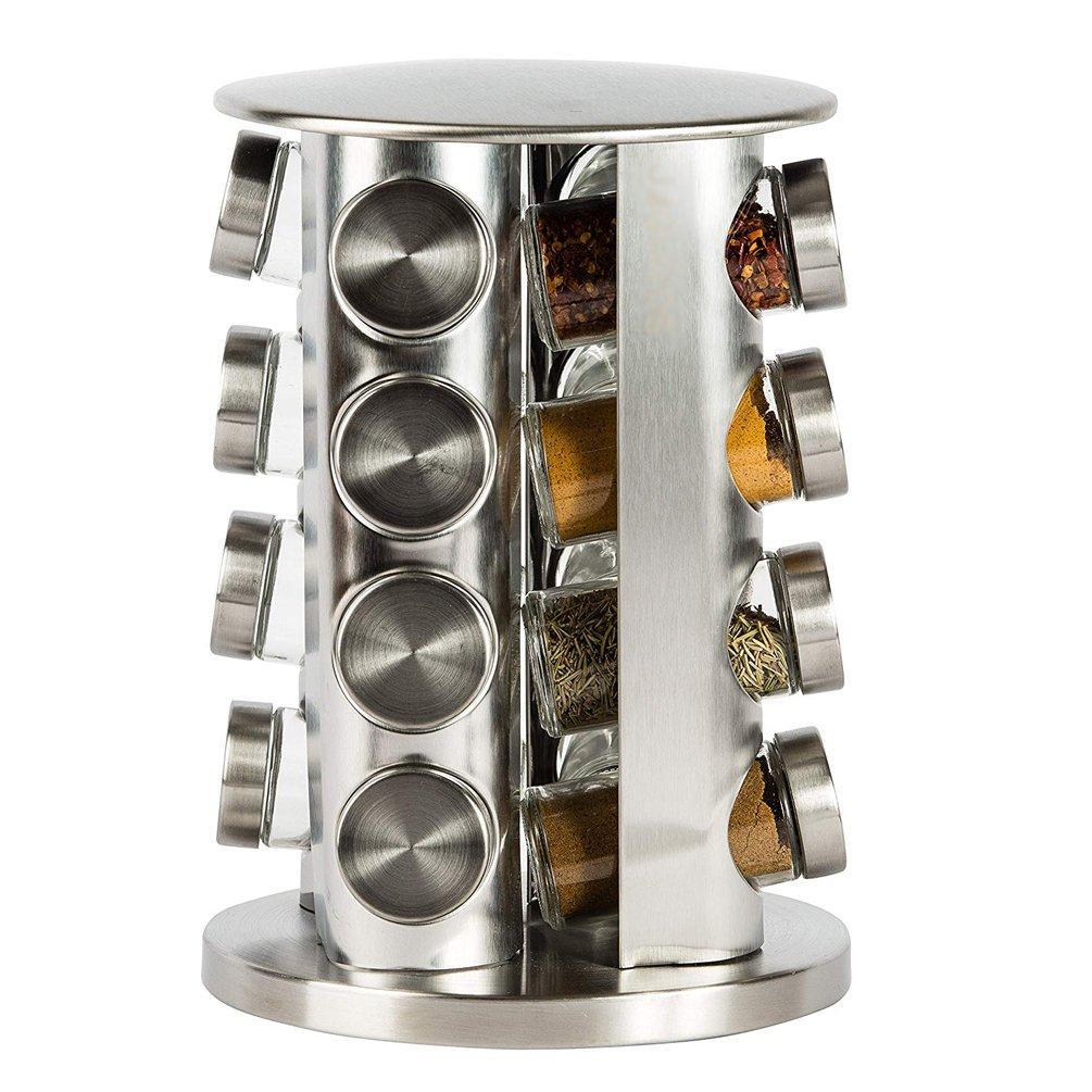 Discover the double2c revolving countertop spice rack stainless steel seasoning storage organization spice carousel tower for kitchen set of 16 jars