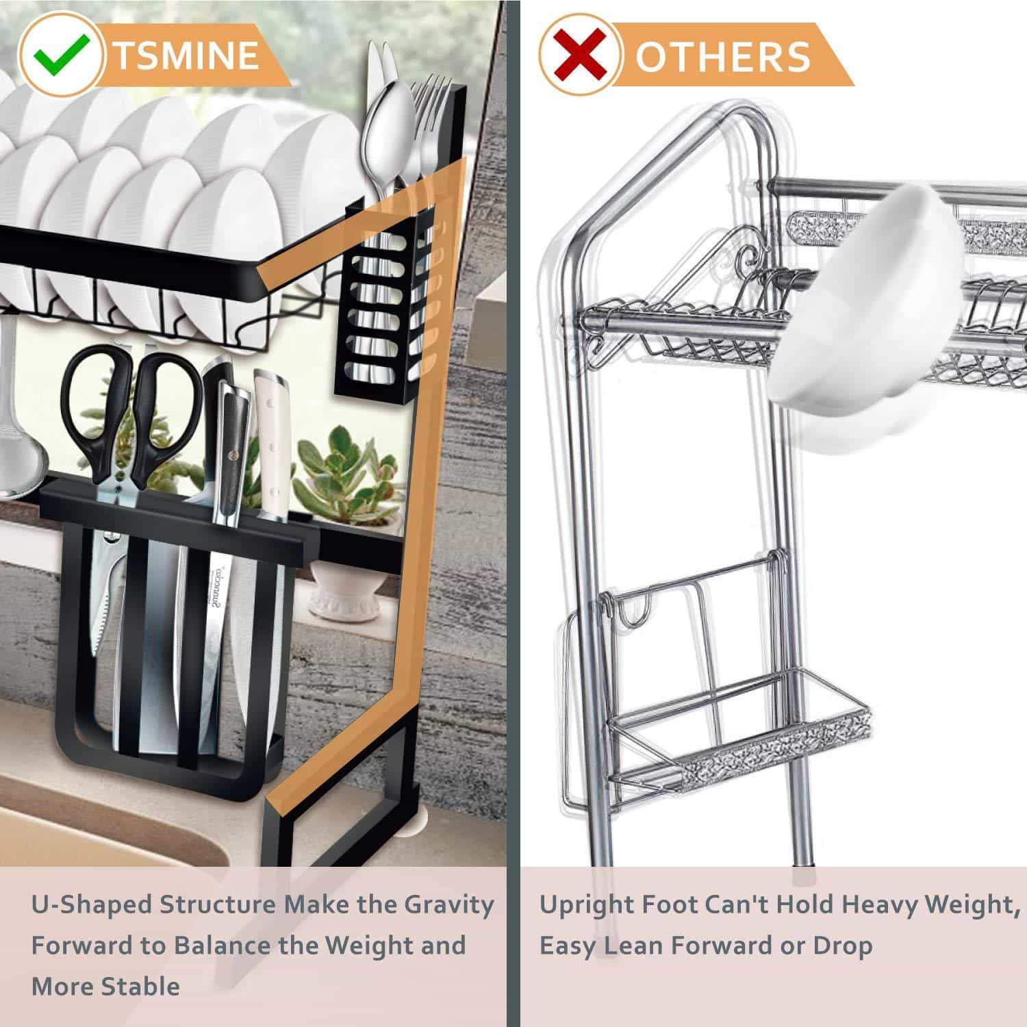 Save dish drying rack over the sink tsmine large dish drainers for kitchen counter stainless steel drain bowl dish rack kitchen supplies storage shelf utensils holder with 7 utility holder hooks