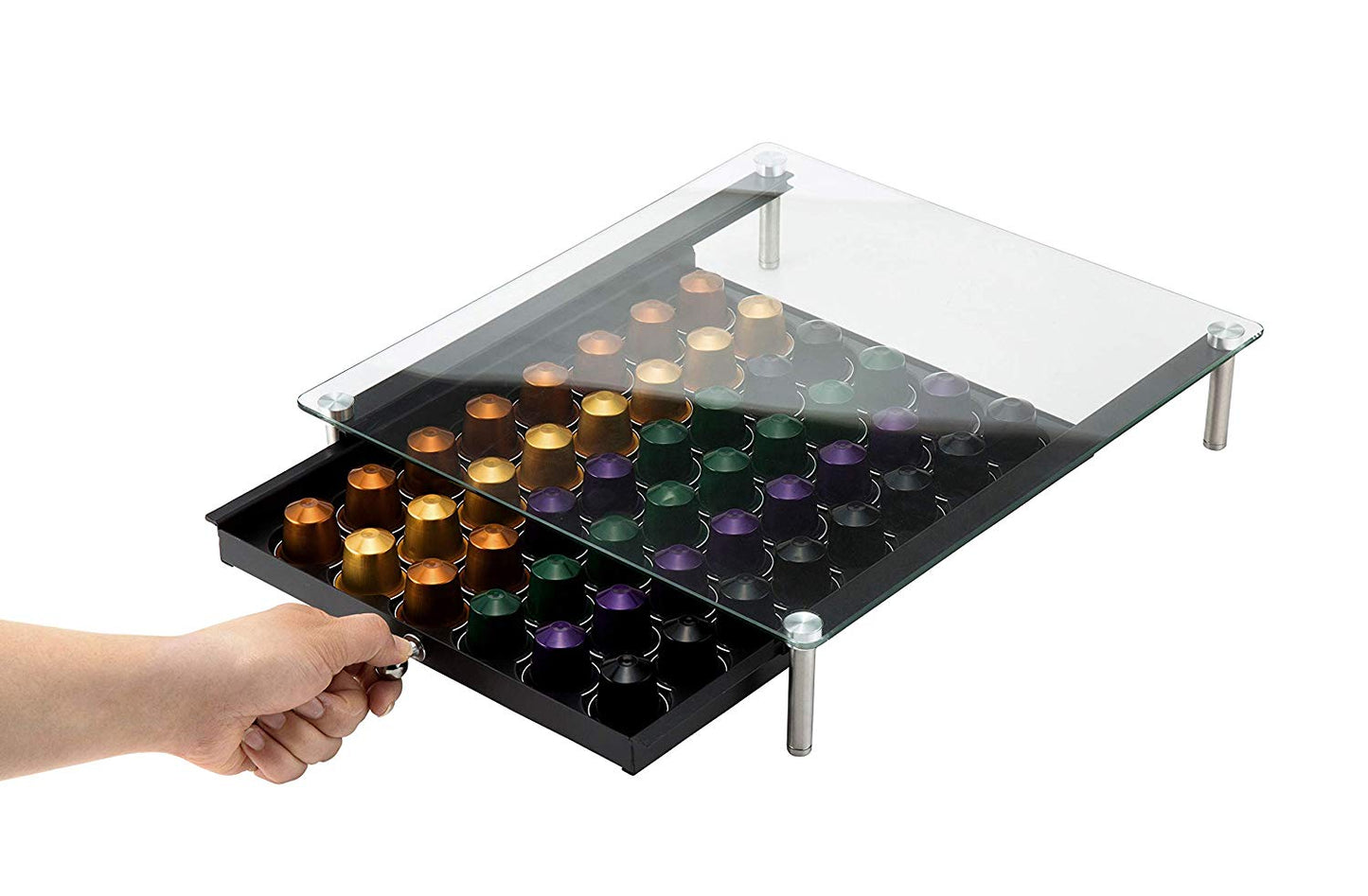 JackCubeDesign Tempered Glass 48 Coffee Pod Holder Organizer Storage Box Stand Black Iron Drawer (13.2 x 14.9 x 3.1 inches) – :MK308A