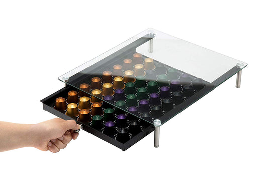 JackCubeDesign Tempered Glass 48 Coffee Pod Holder Organizer Storage Box Stand Black Iron Drawer (13.2 x 14.9 x 3.1 inches) – :MK308A