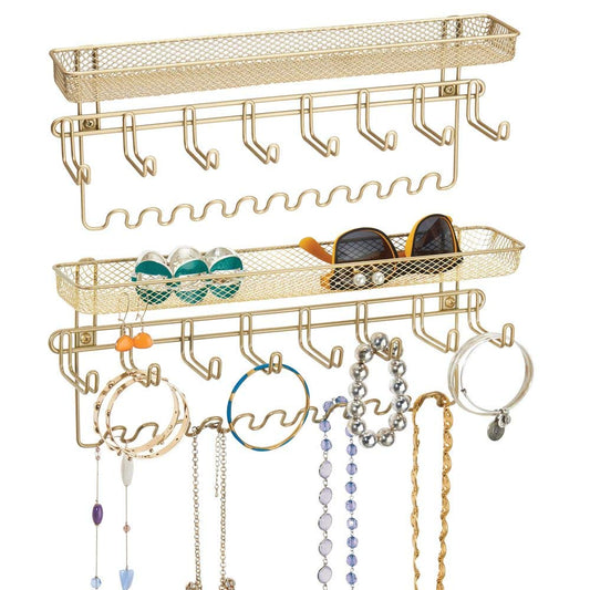 mDesign Decorative Metal Closet Wall Mount Jewelry Accessory Organizer for Storage of Necklaces, Bracelets, Rings, Earrings, Sunglasses, Wallets - 8 Large/11 Small Hooks, 1 Basket, 2 Pack - Gold Brass