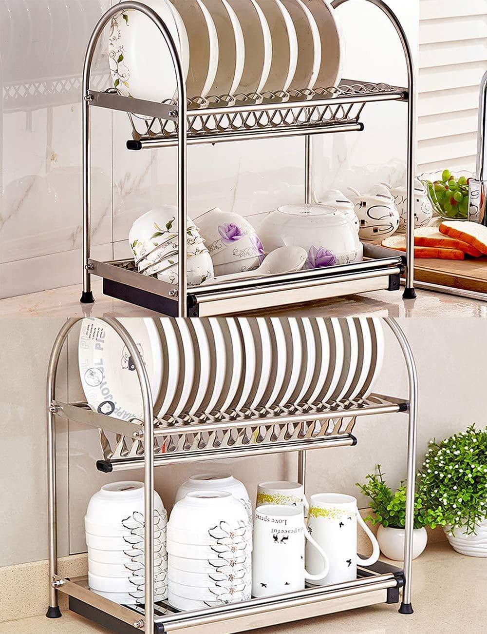 Cheap kitchen hardware collection 2 tier dish drying rack stainless steel stand on countertop draining rack 17 9 inch length 16 dish slots organizer with drainboard for cup plate bowl