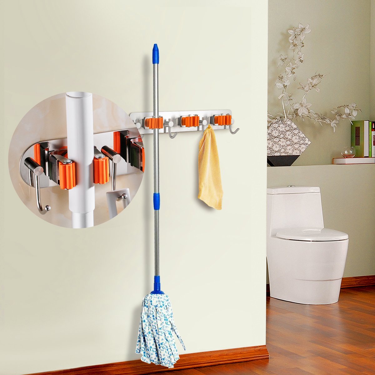 Bosszi Broom Holder Mop Holder Gardening Tools Organizer, SUS 304 Stainless Steel Brushed & Non-Slip Silicone Self-Adhesive Mounted Storage Racks with 3 Positions & 4 Hooks Holds Up to 7 Tools Firmly