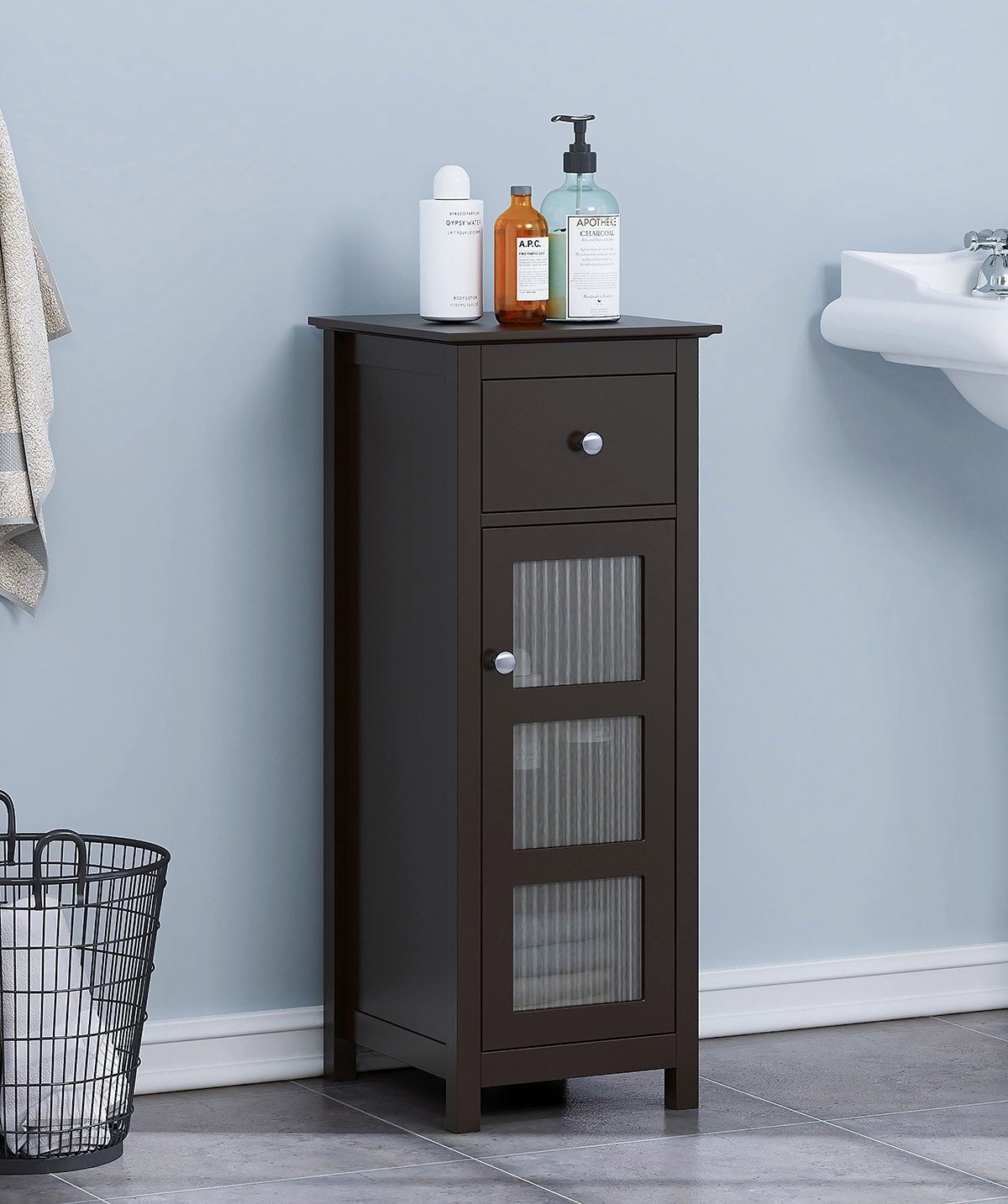 SPIRICH Bathroom Storage Floor Cabinet, Bathroom Cabinet Free Standing with Single Drawer and Adjustable Shelf (Espresso) (White)