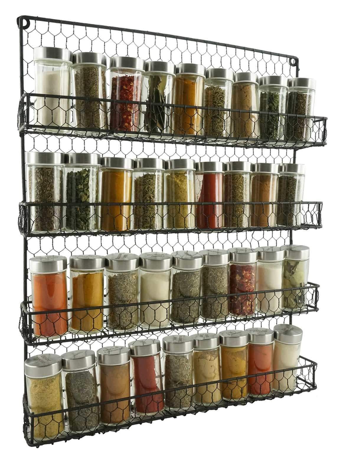 Budget 4 tier metal spice rack wall mount kitchen spices organizer pantry cabinet hanging herbs seasoning jars storage closet door cupboard mounted holder black