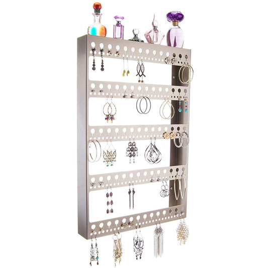 Angelynn's Large Earring Holder Organizer for Hoops, Wall Hanging Closet Jewelry Storage with Shelf, Nichole Satin Nickel Silver
