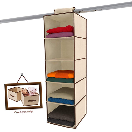 Ziz Home Hanging Closet Organizer | 5 Shelf Beige | Closet Hanging Organizer | Closet Organizer Hanging Shelves | Sweater Hanging Organizer | Hanging Clothes Storage Box Hanging Shelf Closet Organizer