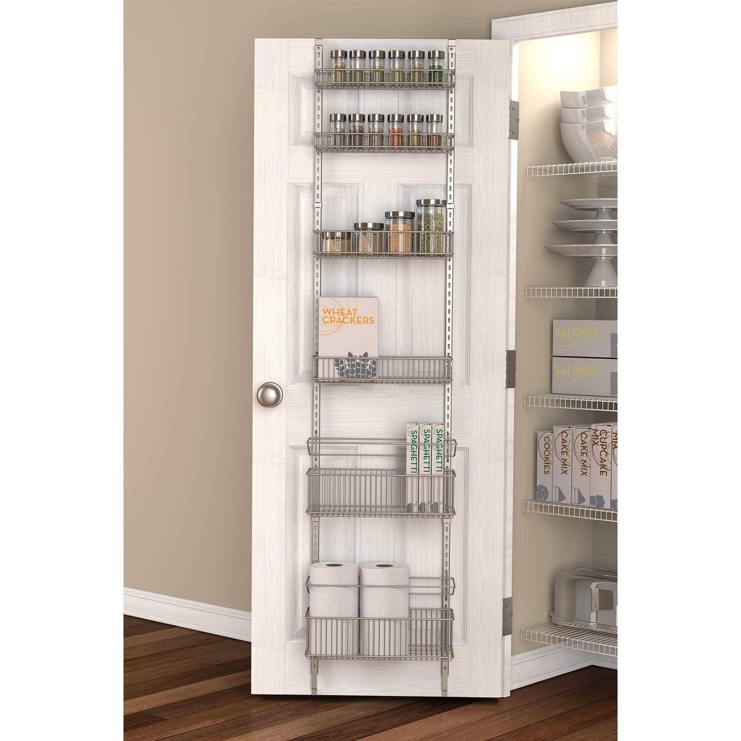 Exclusive premium over the door steel frame kitchen pantry and bath room organizer in satin nickel adjustable shelf system made of solid steel hung or door mounted option