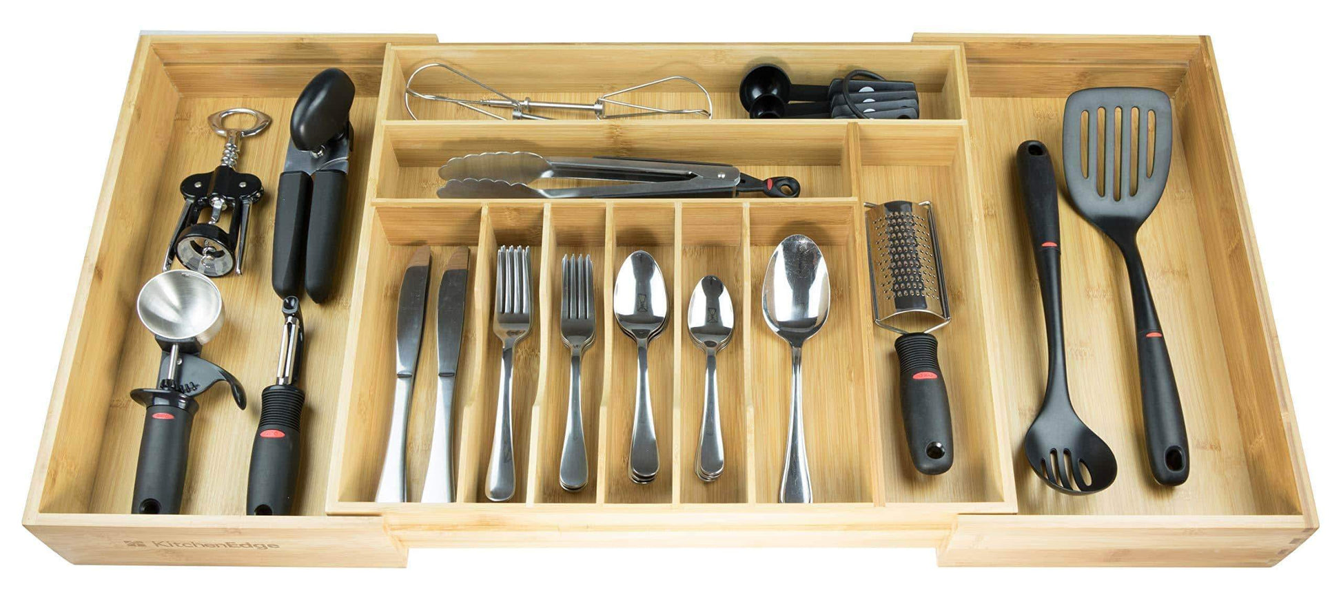 KitchenEdge Premium Silverware, Flatware and Utensil Organizer for Kitchen Drawers, Expandable to 33 Inches Wide, 11 Compartments, 100% Bamboo