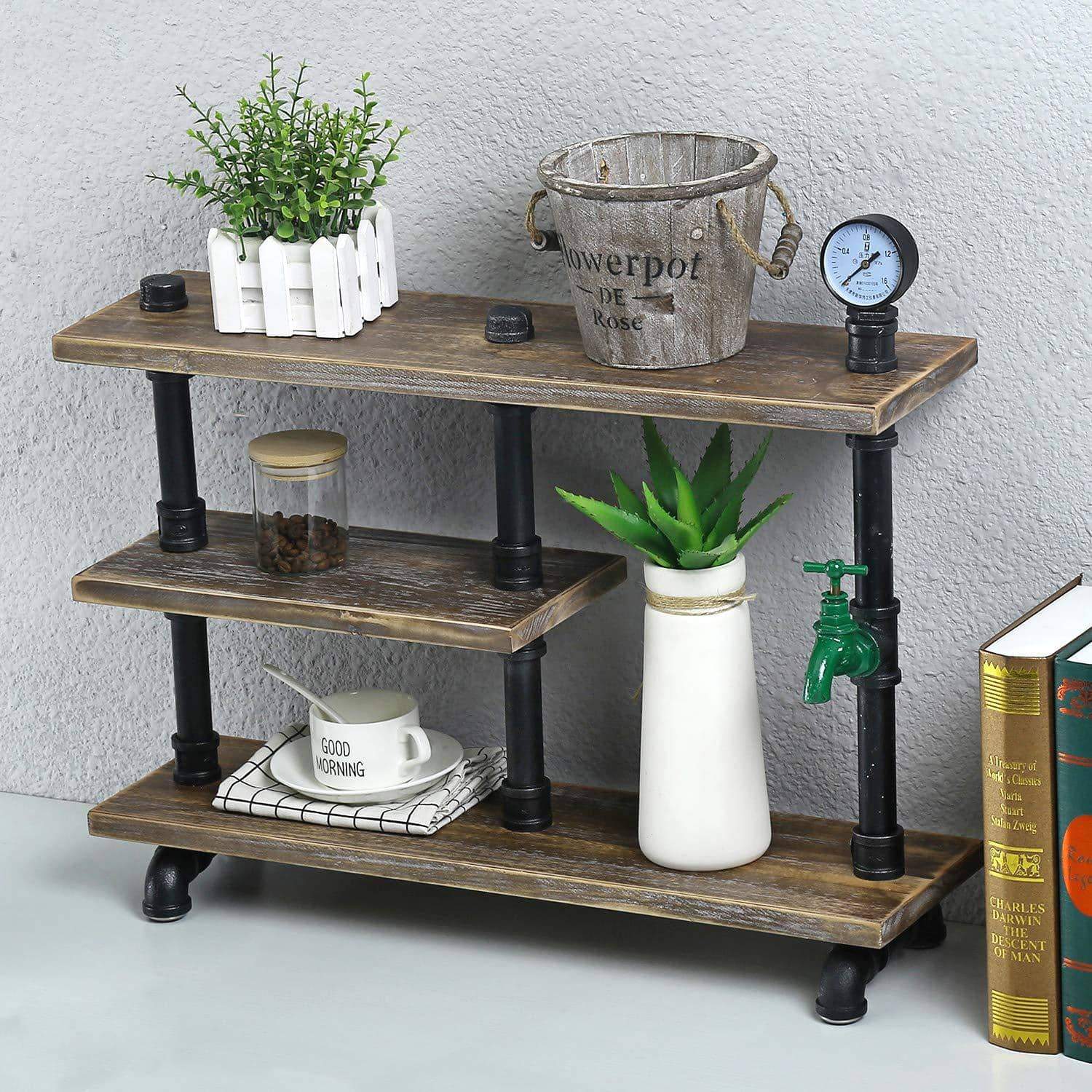 Products mbqq 3 tier industrial pipe wood shelf desk organizer 24 office organization and storage shelf desktop display shelves flower stand kitchen shelf countertop bookcase desktop racks