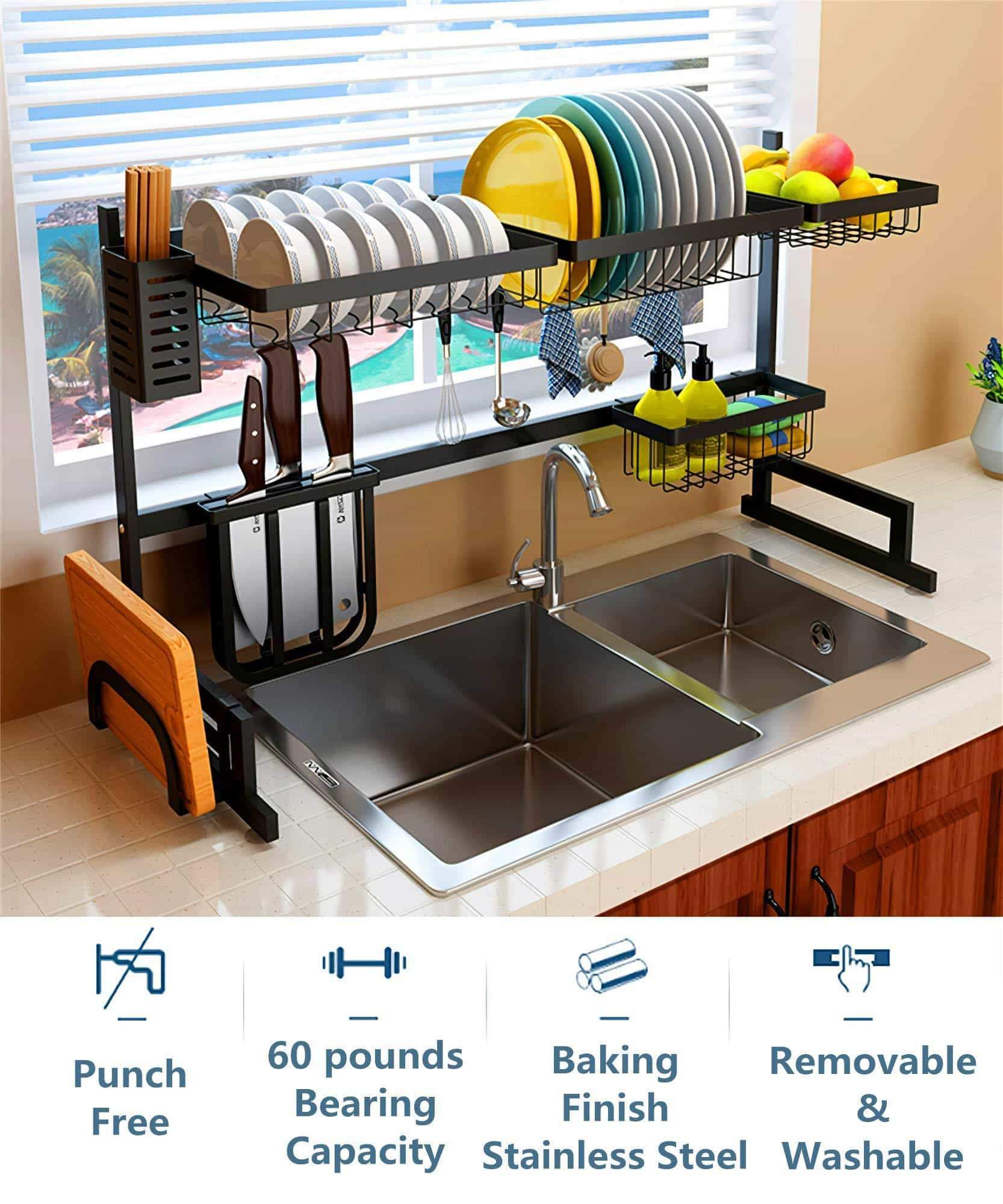 Order now over the sink dish drying rack 2 tier large 18 8 stainless steel drainer display shelf kitchen supplies storage accessories countertop space saver stand tableware organizer with utensil holder