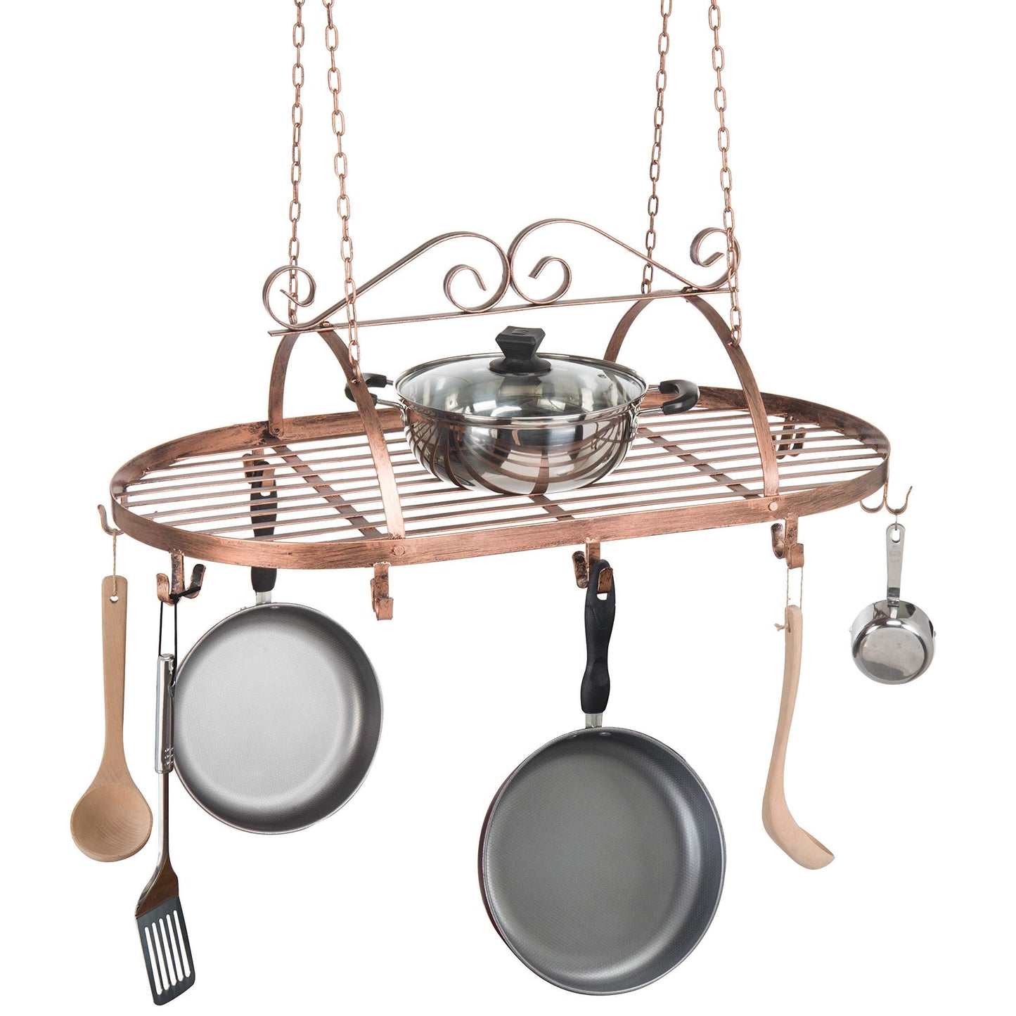 Discover the bronze tone scrollwork metal ceiling mounted hanging rack for kitchen utensils pots pans holder