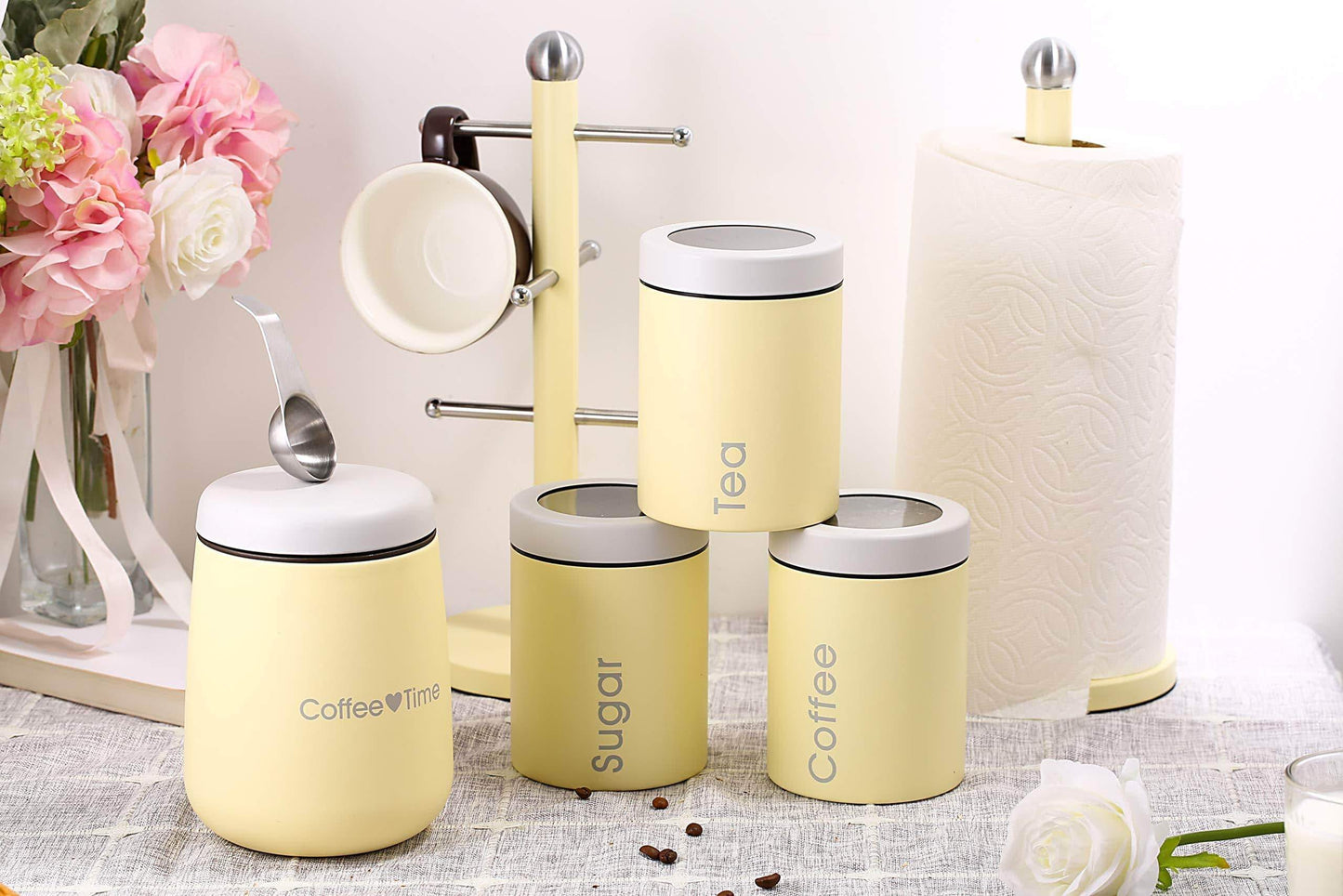 Heavy duty adzukio modern stylish canisters sets for kitchen counter 3 piece canister for tea sugar coffee food storage container multipurpose light yellow