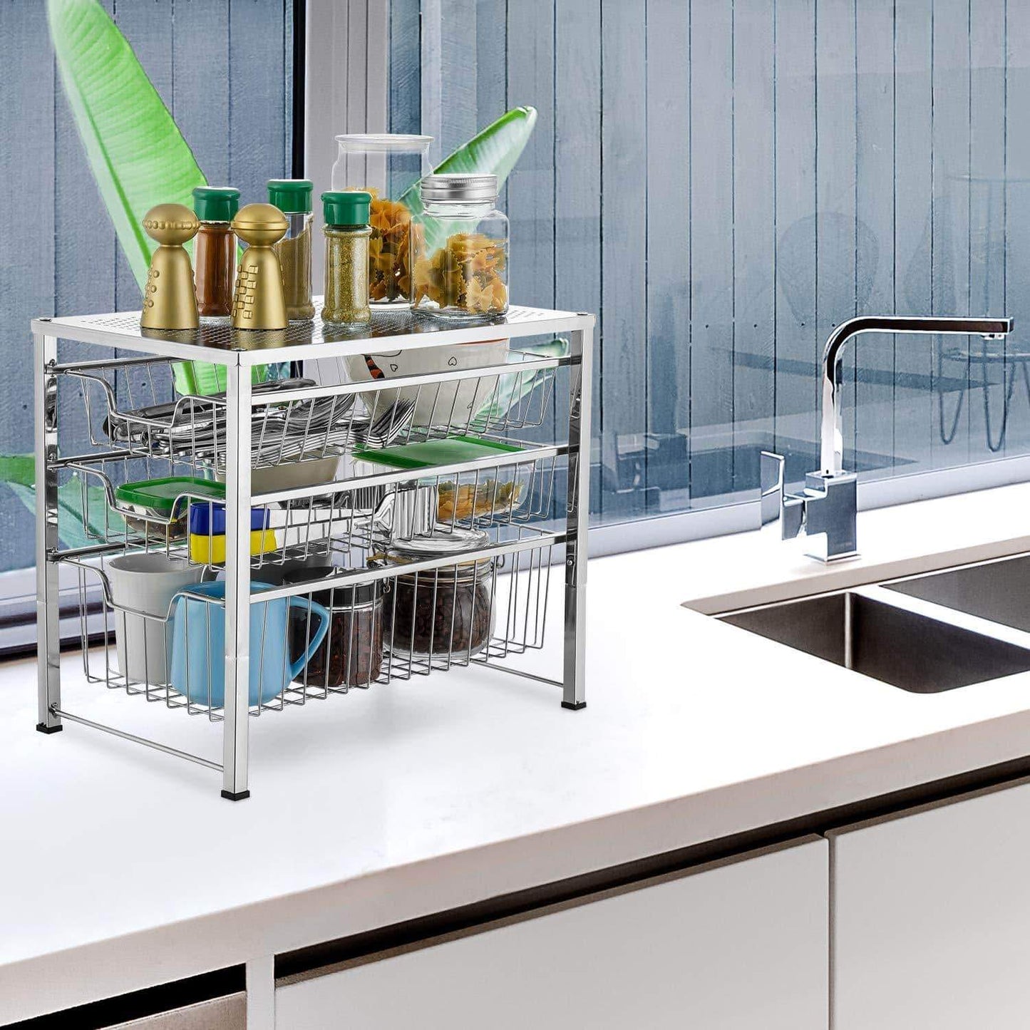 Related bextsware cabinet basket organizer with 3 tier wire grid sliding drawer multi function stackable mesh storage organizer for kitchen counter desktop bathroom under sinkchrome