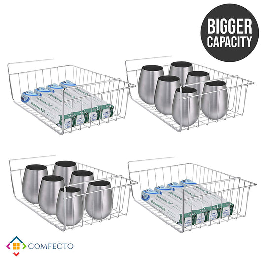Comfecto Under Shelf Wire Basket, 4 Pack Stainless Steel Metal Hanging Storage Rack for Kitchen Cabinet Thickness Max 1.2 inch, Easy to Install Slides Under Shelves Organizer for Pantry Bathroom