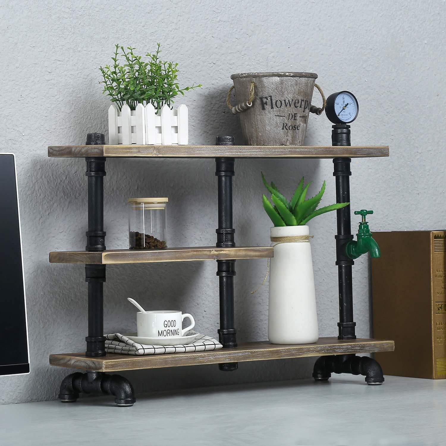 Purchase mbqq 3 tier industrial pipe wood shelf desk organizer 24 office organization and storage shelf desktop display shelves flower stand kitchen shelf countertop bookcase desktop racks