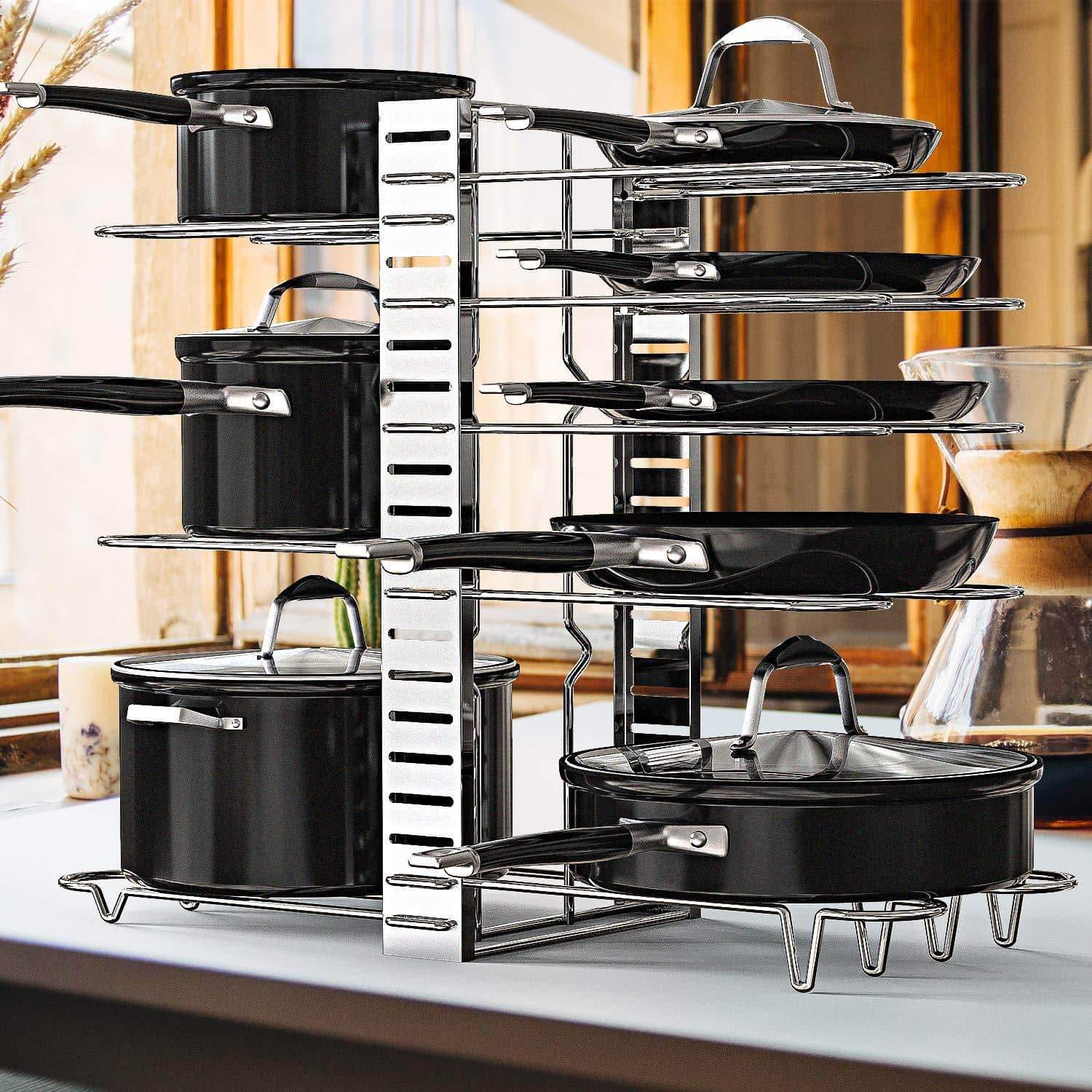 Explore geekdigg pot rack organizer adjustable height and position kitchen counter and cabinet pan organizer shelf rack pot lid holder with 3 diy methods silver