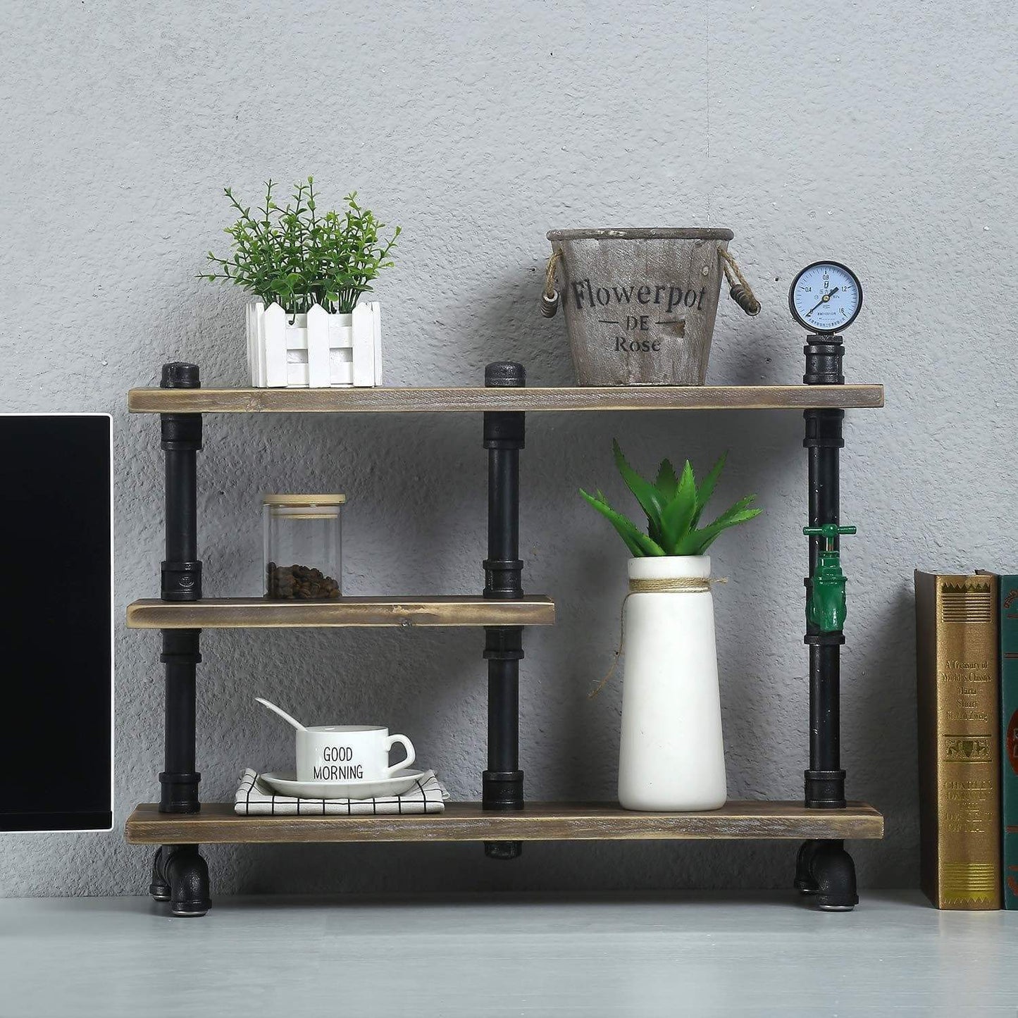 Related mbqq 3 tier industrial pipe wood shelf desk organizer 24 office organization and storage shelf desktop display shelves flower stand kitchen shelf countertop bookcase desktop racks