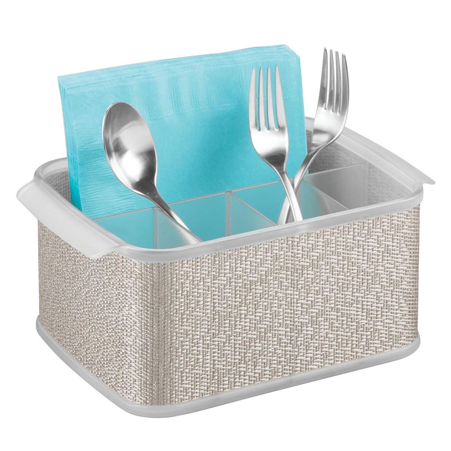 mDesign Silverware, Flatware Set Utensil Napkin Caddy Holder Organizer for Kitchen Countertop Storage, Outside Outdoor Dining Buffet Picnic Table - Pack of 2, Metallico/Clear