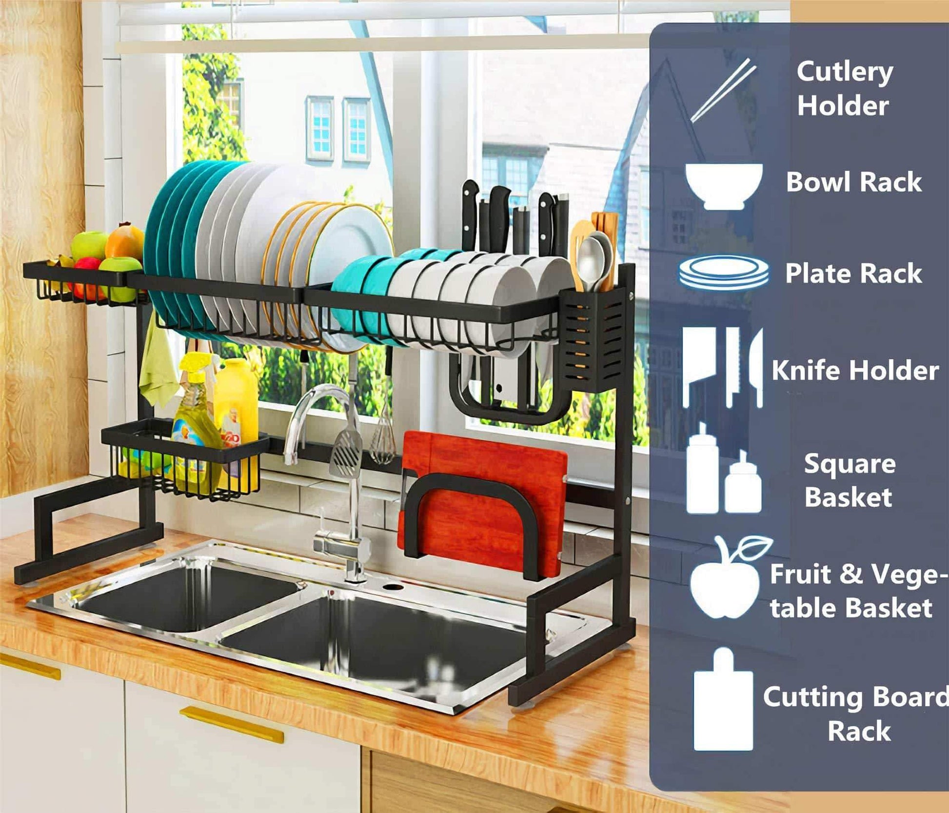 Online shopping over the sink dish drying rack 2 tier large 18 8 stainless steel drainer display shelf kitchen supplies storage accessories countertop space saver stand tableware organizer with utensil holder