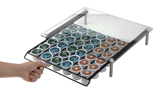 JackCubeDesign Tempered Glass 36 Coffee Holder Organizer Storage Box Stand Black Iron Drawer(14.8 x 13 x 2.6 inches) –:MK291A