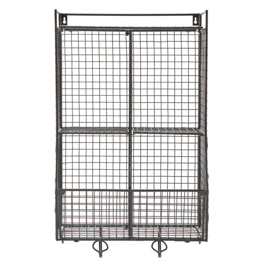 Wall Mounted/Collapsible Black Metal Wire Mesh Storage Basket Shelf Organizer Rack w/ 2 Hanging Hooks