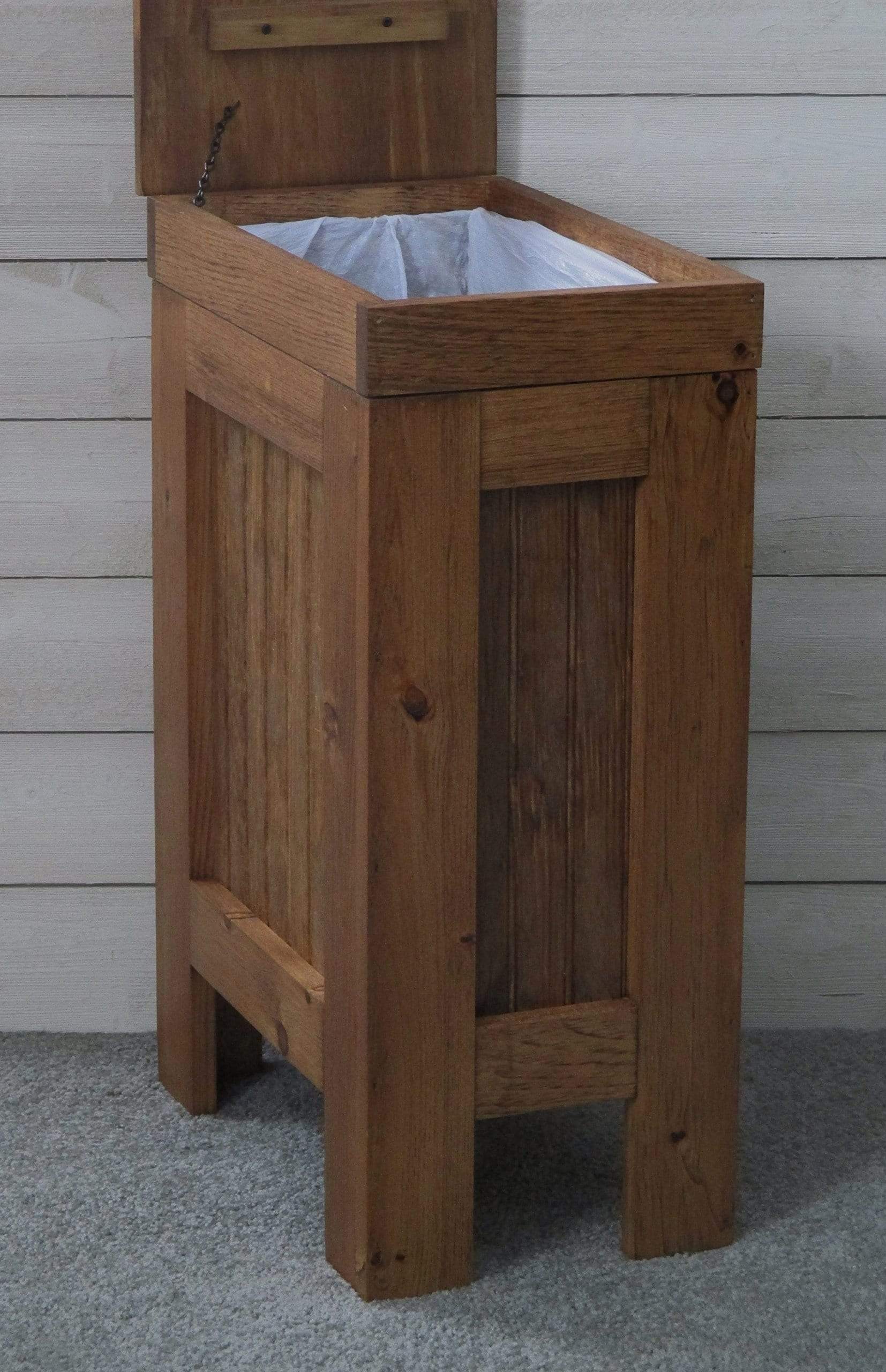 Great wood wooden trash bin kitchen garbage can 13 gallon recycle bin dog food storage early american stain rustic pine metal handle handmade in usa by buffalowoodshop