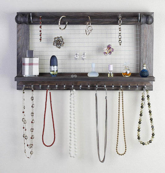Hanging Jewelry Organizer | Wall Mounted Wooden Holder for Necklace, Earrings, Bracelets, Rings & Other Accessories | With Hooks, Shelf, Wire Grid & Removable Bar | 17.5" x 10" Size | Rustic Brown