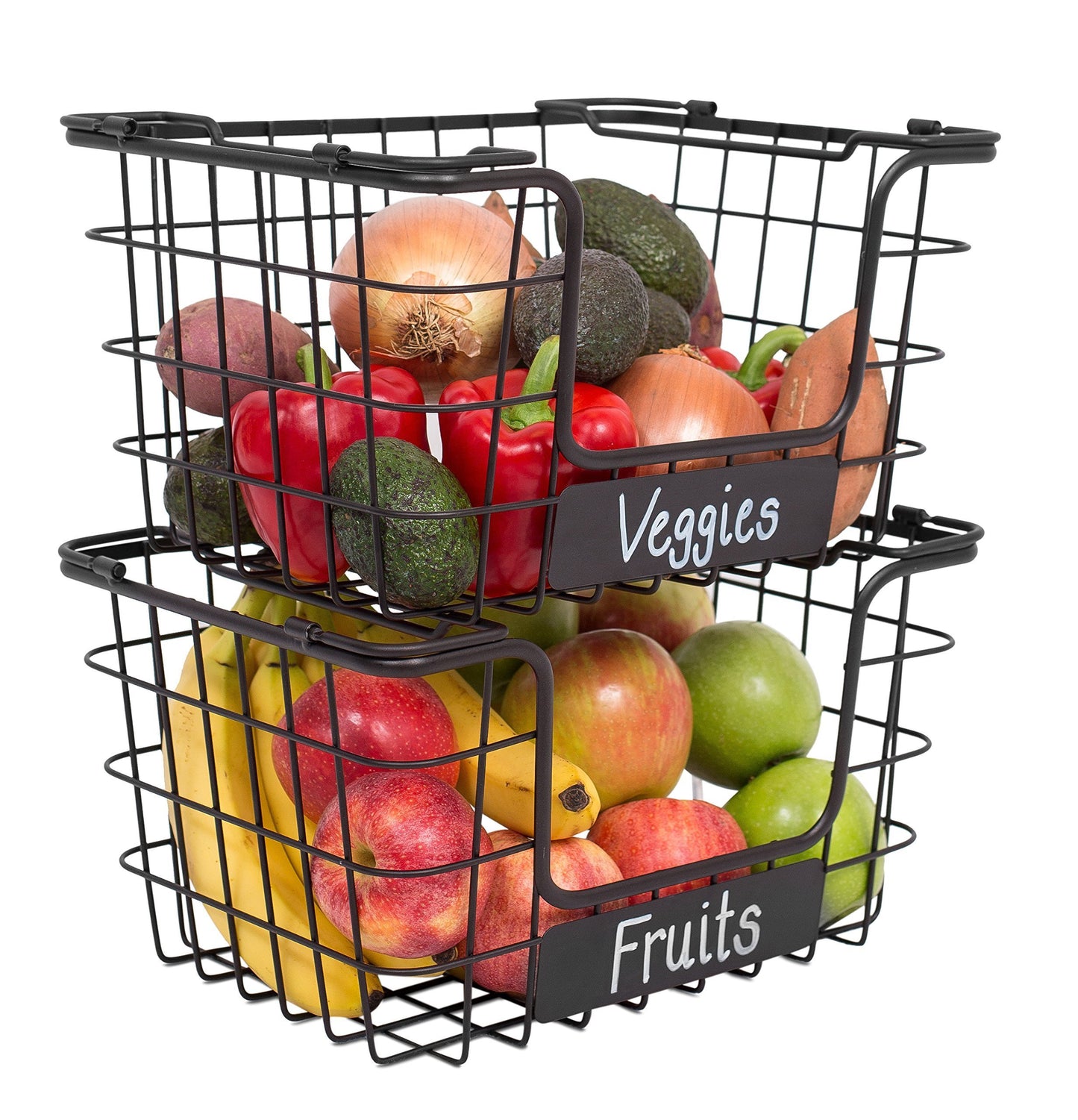 Top rated birdrock home stacking wire market baskets with chalk label set of 2 fruit vegetable produce metal storage bin for kitchen counter black
