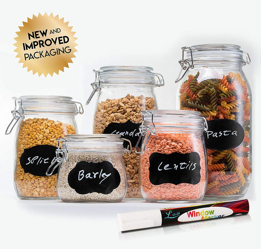 HomEquip 5-Piece Airtight Canister Set with Clip Top Lids (Clear Glass): Kitchen Preserving Storage Jars - Great Dry Food Pantry Containers for Pasta, Cereal, Cookies, Sugar, Flour Coffee & Tea