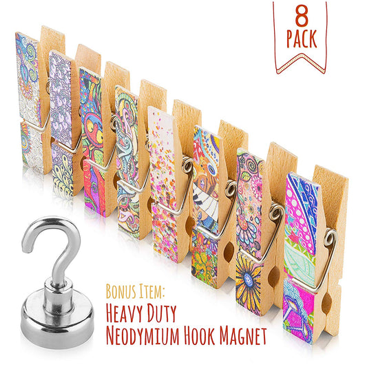 Fridge Magnets - 8 Strong Decorative Magnetic Clips + 1 Magnetic Hook - Display Photos & Memos On a Whiteboard, Refrigerator, Office Or Classroom In Unique & Fun Way By Treats&Smiles